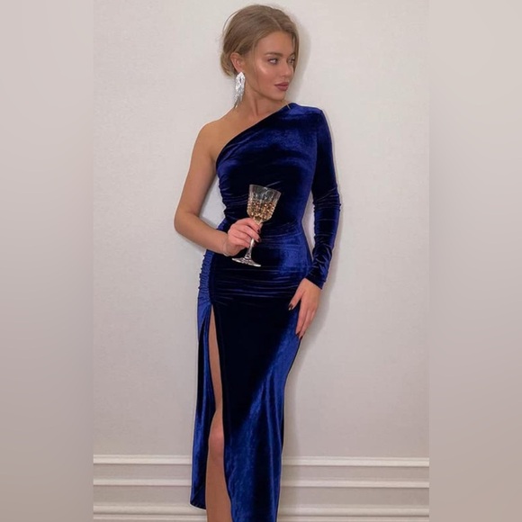 Amazon Dresses & Skirts - Blue Velvet One-Shoulder Ankle-Length Dress